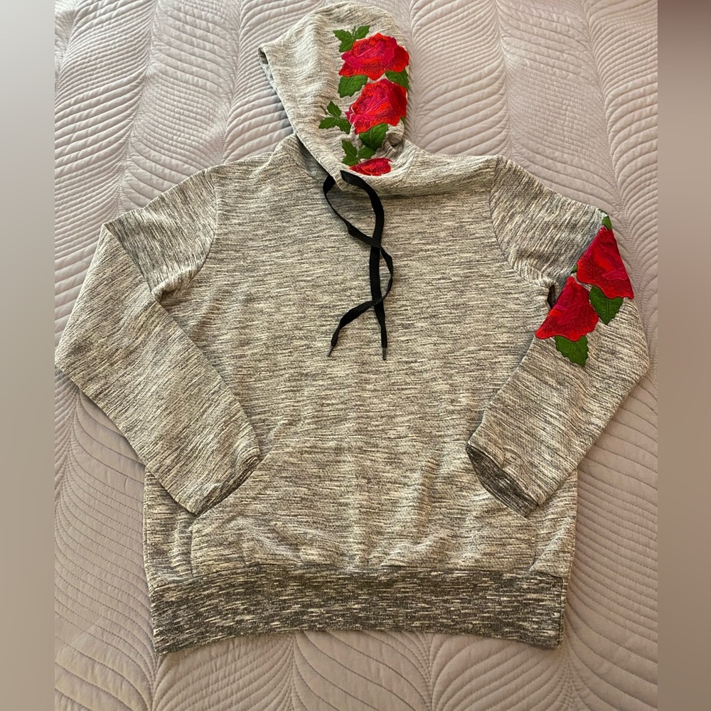 Thrill 94 heather grey hoodie with roses embroidered on the left sleeve & hood